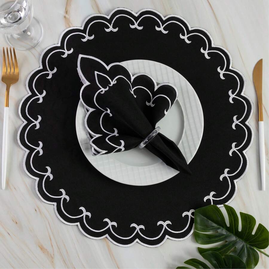 Placemat Kit, Embroidered Placemat, Round/Rectangular Table Placemat And Napkins - 斯巴達黑 - 查看 1