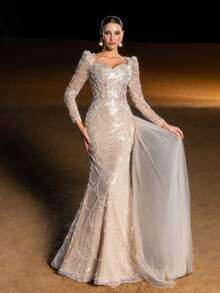 Faeriesty 奢华亮片串珠美人鱼晚礼服 - 心形领口，长袖，几何弧形串珠图案，薄纱拖尾，适合红毯盛典、新娘宴会、正式晚宴等场合，是春季婚礼派对的理想之选。 - 香檳色 - 查看 6