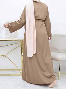 纯色简约时尚高端系带女士阿拉伯长袖罩袍 - 卡其色 - 查看 3