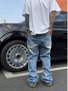 American High Street Mud Dyed Distressed Jeans For Men And Women, Splashed Ink, Lazy And Dragging, Loose Wide Leg Pants - 藍色 - 查看 3