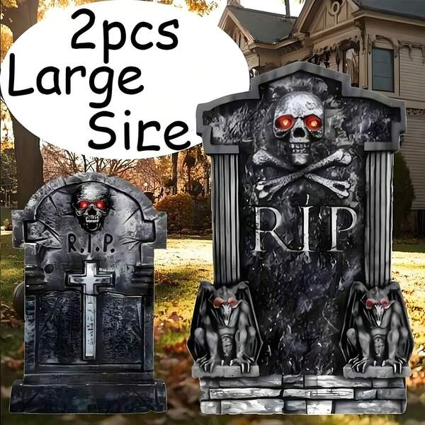 2pcs Set Of Halloween Garden Decoration Large Size Ornaments, Skull Tombstone, - Outdoor Lawn Courtyard Garden Decoration - Plastic Material - No Batteries Required - Suitable For Graveyard Theme No Electricity Required Waterproof Design