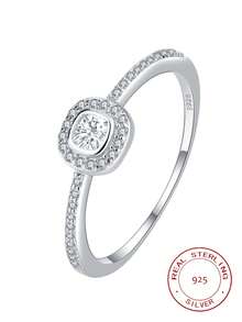 S925 Ring, Women Classic Personalized Engagement Proposal Ring, Simulated Platinum Plated Fashion Ring, Micro-Inlaid Geometric Design Knuckle/Midi Ring, Boxed Set, Random Style