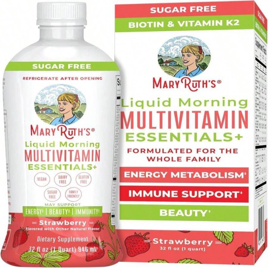 MaryRuth Organics Liquid Morning Multivitamin Essentials+ | Vitamin A C D E B6 B12 Biotin Zinc, Mens Womens Multivitamin, Immune Support, Beauty | Sugar Free | Vitamins For Ages 1+ | Vegan | 32 Fl Oz - Flavor NameB - 查看 1