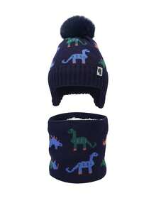 2pcs Kids Winter Hat & Scarf Set, Jacquard Dinosaur Pattern Knitted Beanie, Warm Earflap Hat For Boys & Girls - 2PC - View 6