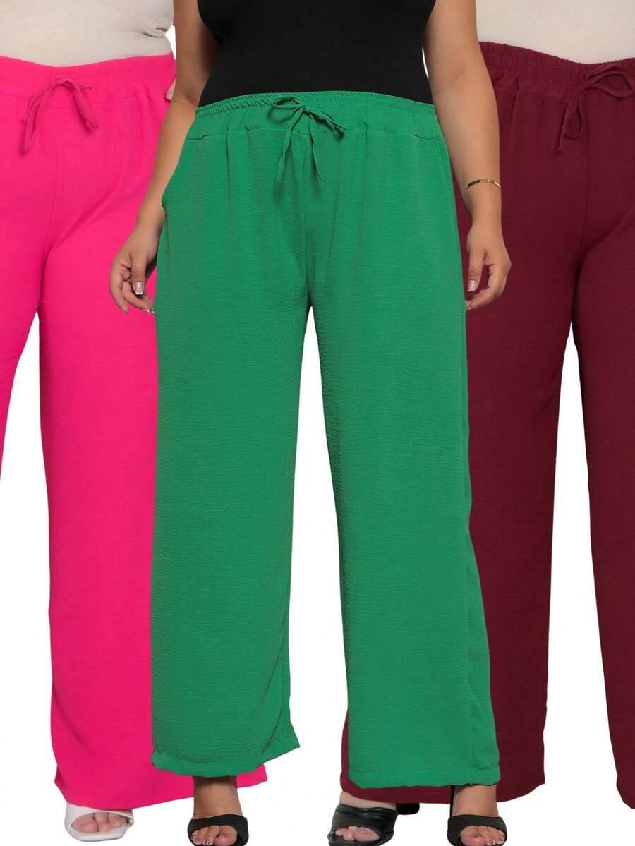 Duna Women's Plus Size Wide Leg Pants Kit 3 - Vinho Verde and Pink - View 1