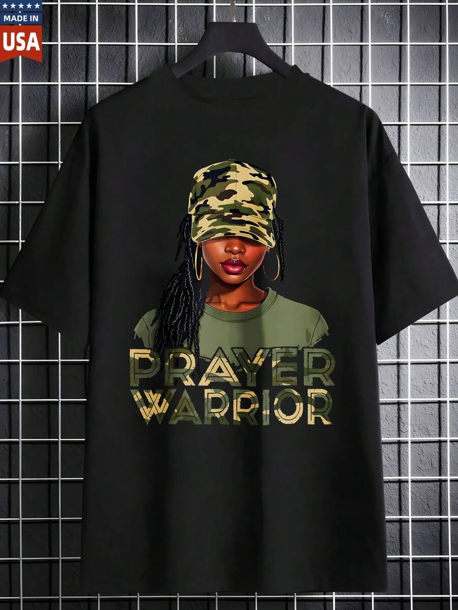 Prayer Warrior 100 Percent Cotton T Shirt For Women Camouflage Hat Design Graphic Tee Shirts Top Quality Fashion Brand Clothing USA Made - màu đen - Xem 1