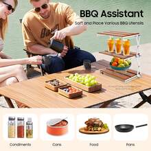 3-Tier Camping Folding Storage Rack Golden Sandalwood Desktop Organizing Rack With Spaced Design Multi-Function Storage Shelf For Indoor Outdoor Household, Portable Natural Wood Camping BBQ Storage Rack