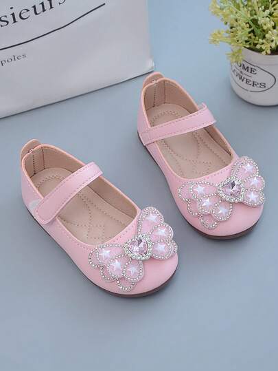 1 Pair Pink Rhinestone Decorated PU Material Infant Flat Shoes, Fashion Comfortable Non-Slip Durable Minimalist Versatile Girls' Dance Shoes Suitable For Daily Wear Or Stage Performance