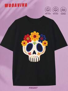 WOOAVIVA Plus Size Summer Y2K Cleanfit Casual Fitted Day of the Dead Sugar Skull Floral Design, Perfect for Halloween and Festivals Casual Round Neck Short Sleeve Women T-Shirt, Suitable For Summer, Women Tops - Negro - Ver 2