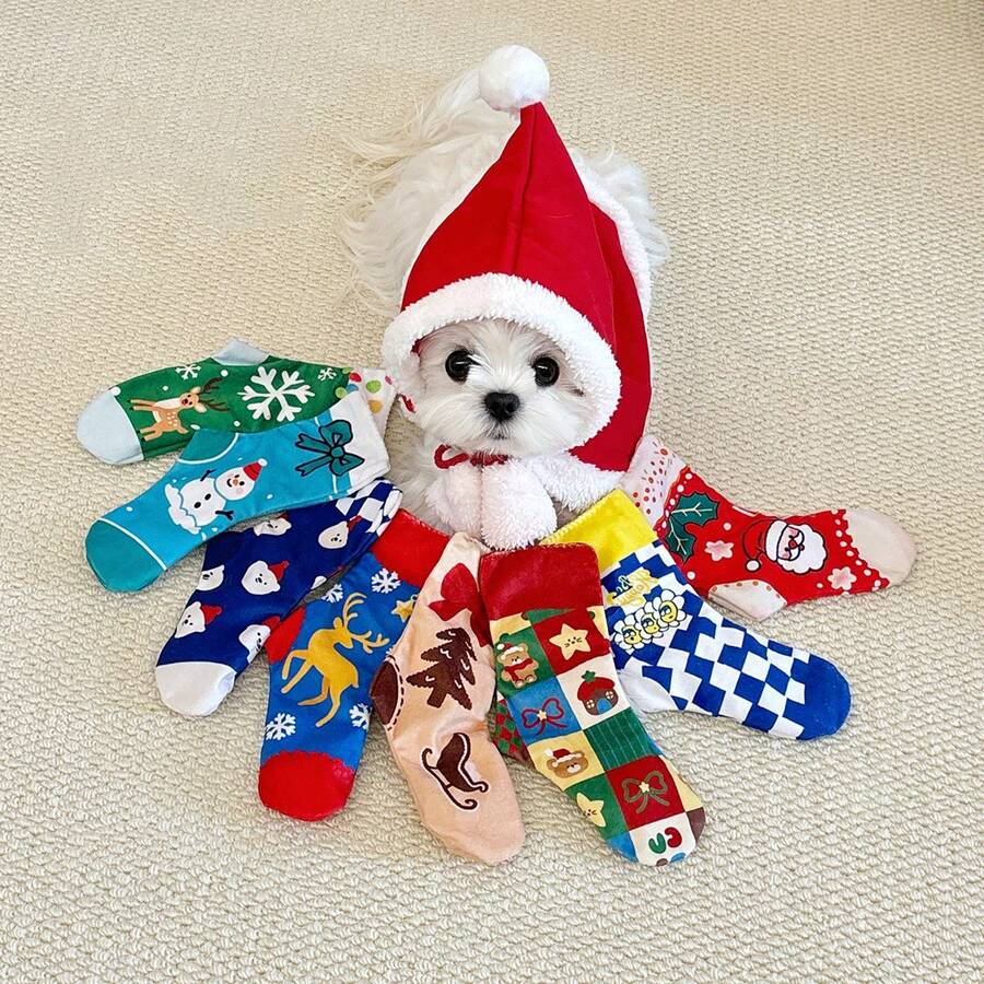 1pc Pet Christmas Squeaky Hide And Seek Sock Toy, With Crinkle Paper, Cartoon Christmas Element Pattern, Perfect Gift For Pets On Christmas Eve And Christmas