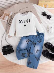 2pcs Infant Girl Casual Fashion Heart & Letter Print White Long Sleeve T-Shirt And Butterfly Print Denim Straight Pants Set, Suitable For Spring/Autumn, Daily, Outdoor, Commute, School, Sports