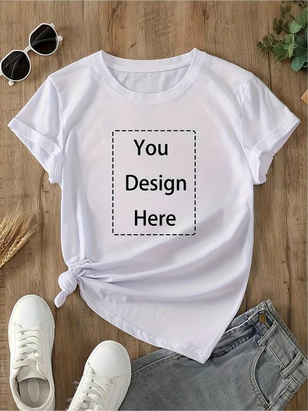Personalized 180g White Cotton Crew Neck Short Sleeve T-Shirt With Custom Print Design, Women's Casual Graphic Tee - Design Your Own Stylish Top, Perfect For Summer, Versatile And Comfortable Wardrobe Essential