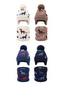 2pcs Kids Winter Hat & Scarf Set, Jacquard Dinosaur Pattern Knitted Beanie, Warm Earflap Hat For Boys & Girls - 2PC - View 2