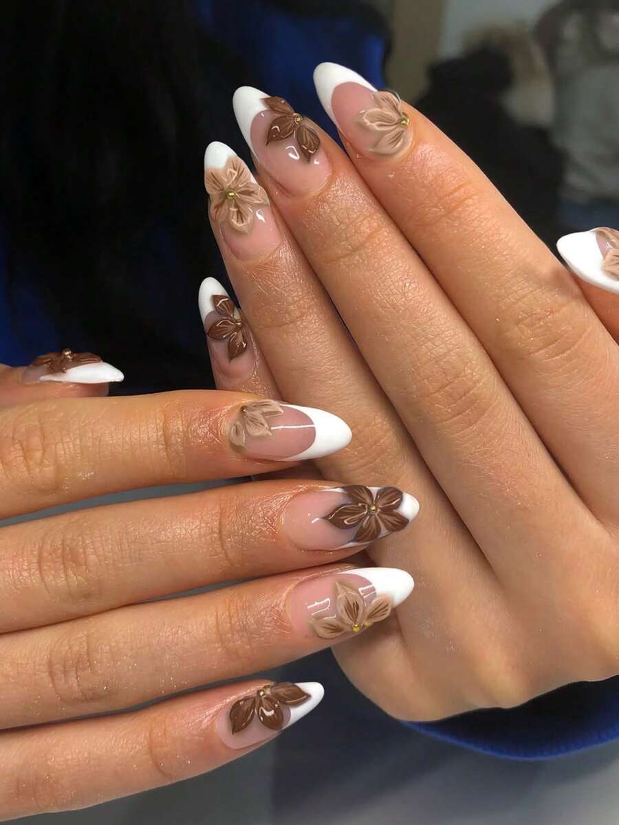 24片杏仁形3D凝胶棕色花朵白色法式美甲贴纸，完美搭配亚克力美甲套装，包含1瓶果冻凝胶和1把指甲锉，适合秋冬季节，可用于日常、工作、学习和派对美甲，适合女性和女孩。 - 棕色 - 查看 1