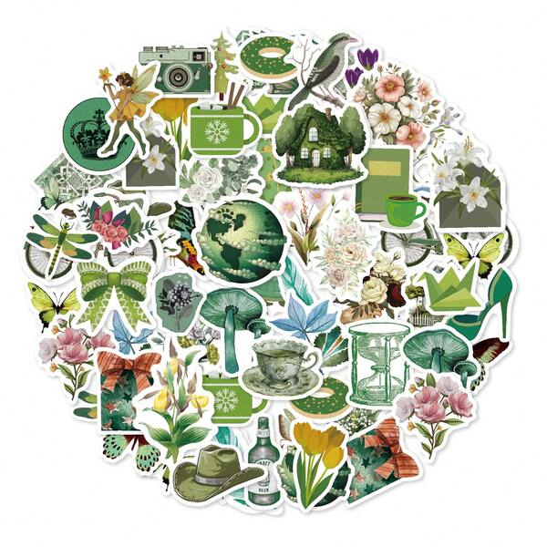 50 piezas Pegatinas retro, Pegatinas decorativas de estética para scrapbooking, Pegatinas de graffiti removibles para cuadernos, equipaje, verde