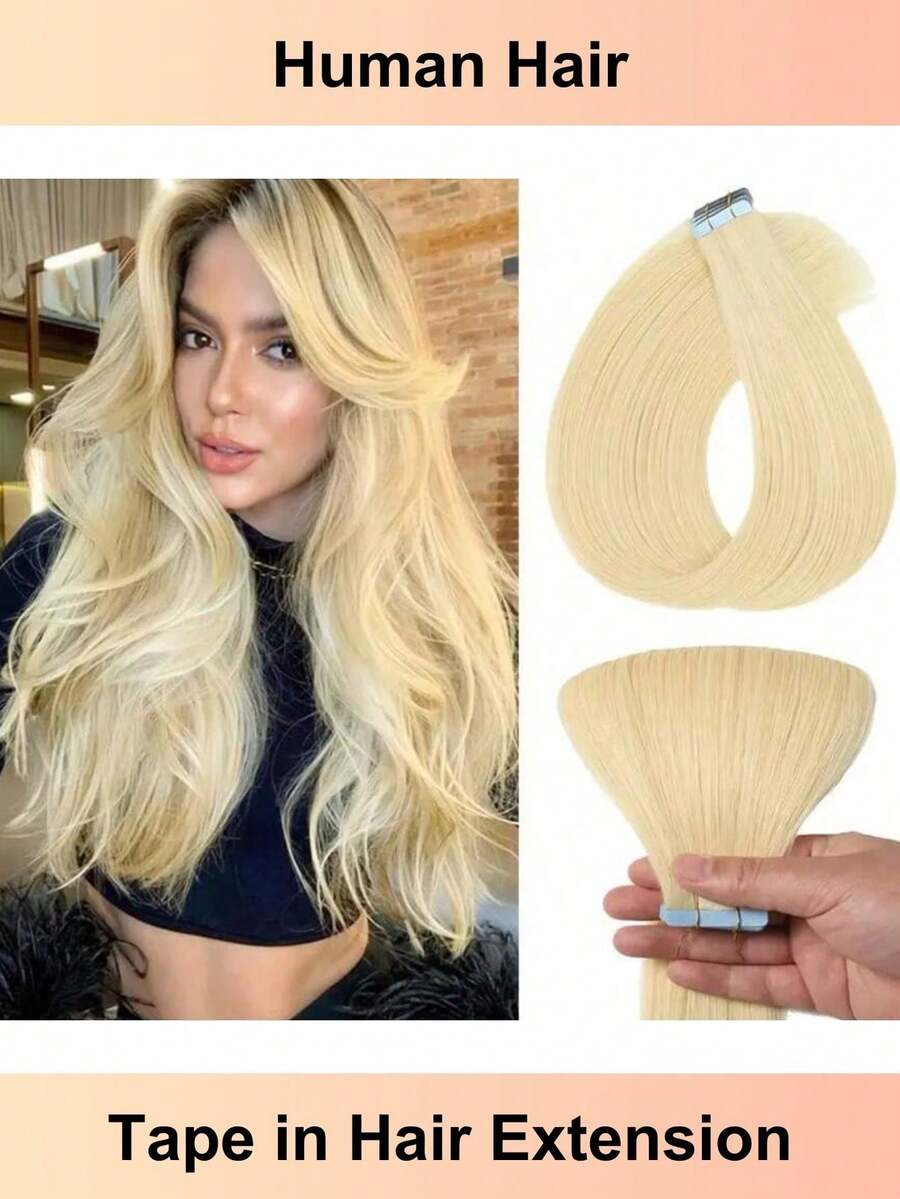 Human Hair Blonde Highlight Tape In Hair Extensions, Invisible Tape In Human Hair Extensions, 20 Pcs/Package, Instant Length & Thickness For Any Hairstyle, Heat-Friendly For Styling - S613 - 查看 1