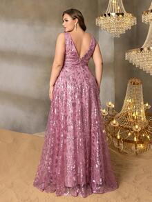 Plunging V-neck Rhinestone Decor Sheath Jersey Gown Orange Plus Size