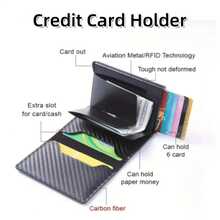 Portador de tarjetas de hombre de aleación de aluminio con fibra de carbono antirrobo RFID, portador de tarjeta de crédito de metal con diseño minimalista y 8 ranuras, adecuado para ir al trabajo, negocios y ocasiones casuales, color negro, estilo minimalista para hombres - Negro - Ver 2