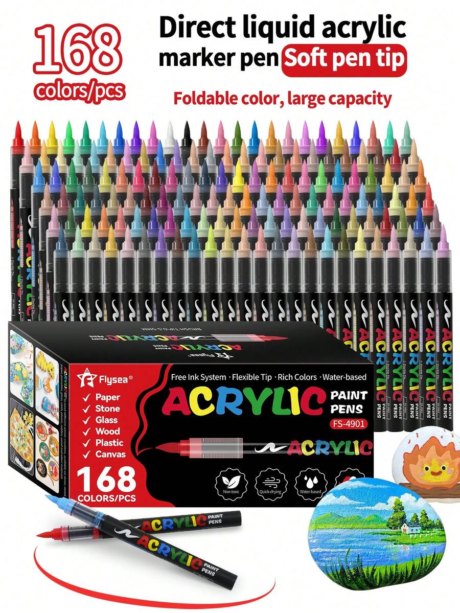 1pc Direct Liquid Soft Tip Acrylic Marker Pen, 288/240/168/120/100/72/60/48/36/24/12 Colors, Student Use, Non-Transparent, Stackable, Watercolor Brush, High Aesthetic For Art Students DIY Painting - Multicolor - View 1