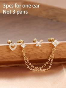 3 Stücke exquisite Creolen Ohrstecker Set aus Edelstahl für Frauen, Blumen Knorpel Piercing Ohrringe, modischer Schmuck, Hypoallergen Silber Hänge Ohrringe, zierliche kleine lange Ketten Ohrringe