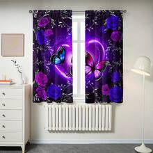 2 Pieces Set Fantasy Purple Butterfly Print Curtain Semi-Blackout Decor Window Treatment Living Room Bedroom Office Home Drapes, Polyester Floral & Butterfly Print Anti-UV And Insulation, Room Decor - Purple - View 6