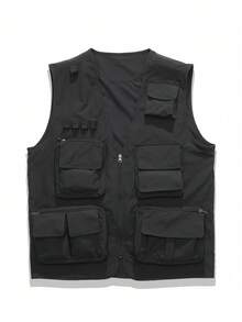 Men's Outdoor Multi-Pocket Utility Vest, Lightweight Breathable Tactical Gilet With Zipper Pockets, Large Storage Sleeveless Jacket For Fishing, Hiking, Camping, Photography And Daily Work - 黑色 - 查看 2