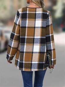 Plus Size Women Classic Plaid Pattern Long Sleeve Cardigan - Brown - View 2
