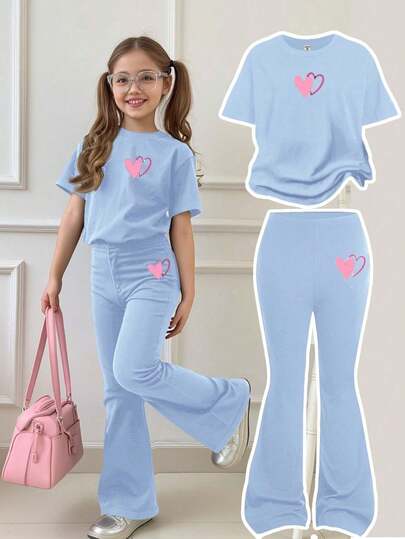Set de 2 piezas, una camiseta de manga corta con cuello redondo y pantalones largos de estilo minimalista casual para niña, adecuado para el verano