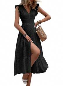 Long Beach Dress With Wrap Hem And Ruffle, Vacation Outfit For Women - Black - View 2