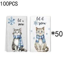 1 pièce/2 pièces/100 pièces Serviettes de cuisine et lavettes avec motif d'impression de chat de Noël, convient pour la décoration intérieure des restaurants, cuisines, salles de bain, décoration de fête, cadeaux de Noël