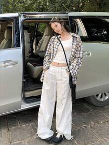 Casual Japanese Style Plaid Shirt, Women's Autumn/Winter Outerwear, Loose Fit Flattering Collared Long Sleeve Top With Unique Texture, Lightweight Sun Protection - Brown - View 6