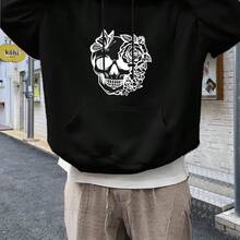 Oversized Men's Gothic Skull Rose Print Hoodie - Heavy 100% Casual Pullover, Loose Street Style With White Gothic Design, Machine Washable Four Seasons Fashion (Black And White Contrast) - Suitable For Concerts And Daily Wear - Black - View 2