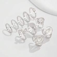 10PCS Hip Hop Diamond Crown Portrait Ring Set, Vintage Fashion Cross Jointed Ring Ring - Bạc - Xem 1