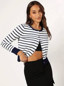 Striped Cardigan Sweater For Women Fall/Winter Sweaters For Christmas - Navy Blue - View 4