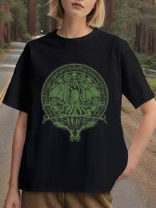 Camiseta feminina tamanho europeu de algodão puro, design gráfico verde exclusivo, estilo casual, adequada para jovens adultos, caimento solto, respirável e confortável, ideal para primavera e verão, perfeita para uso diário ou viagens