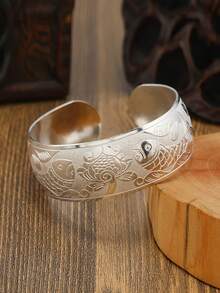 Vòng tay bản rộng bạc cổ điển phong cách Boho, thiết kế hoa văn chạm khắc dành cho nữ, trang sức thời trang đa năng phong cách Bohemian retro. - Màu Bạc Cổ - Xem 9