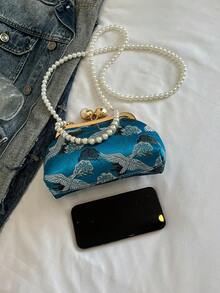 Túi xách dây xích ngọc trai vải xanh cổ điển mới, Túi đeo vai đa năng cho quý cô dự tiệc và tụ tập - Màu xanh lam - Xem 7