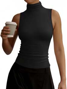 Women's Fall Sleeveless Mock Turtleneck Tops Slim Fitted Shirts Office Casual Going Out Vest Cute Clothes CZJQ - 咖啡 - 查看 10