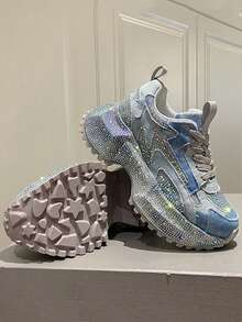 DareSee 2025春秋新款女士水钻厚底运动鞋，时尚ins风休闲跑步鞋，圣诞礼物 - 藍色 - 查看 8