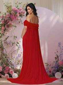 JustVH Maternity Floral Open Shoulder Dress, Suitable For Baby Shower, Mesh Cape-Style Long Dress, Can Be Used As Photography Prop Spring Fall - Burgundy - View 2