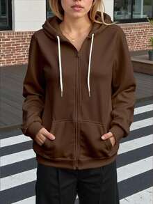 Jachetă de primăvară nouă cu glugă pentru femei, design minimalist, îngroșată, potrivită pentru purtare sub 15°C, la modă, potrivită pentru sport, casual, alergare, fitness - cafea maro - Vizualizare 3