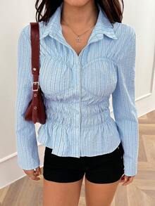 女士简约优雅条纹褶皱修身衬衫 - 藍色 - 查看 3