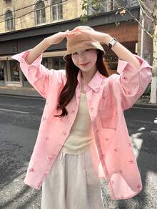 秋季學院風少女感聖誕新年可愛甜美年輕粉色蝴蝶結印花女款襯衫，休閒輕便夾克，適合單穿、疊穿或作為外套 - 粉色 - 查看 5
