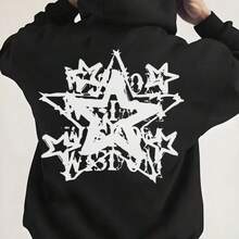 White Men's 360g Heavy Hooded Sweatshirt, White Star Print - Oversized Casual Street Style Pullover, Front  Pocket And Drawstring Hood, Machine-Washable Sweater In Autumn And Winter Warm (Black/White) - Geometric Star Pattern Design, Loose Fit, Long Sleeve Knitted Fabric, Fashionable And  Street, Versatile Casual Outfit, Comfortable And Suitable For Men, Men's Sweatshirt, Hoodie, Large Size Men's Hoodie, Thickened Men's Hoodie - Black - View 2