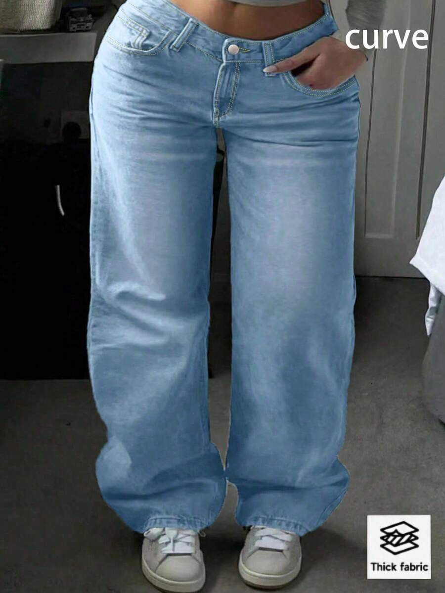 Jeans rectos de talle medio, de uso diario, sueltos y casuales, con cintura elástica y talla grande, de estilo popular callejero europeo y americano