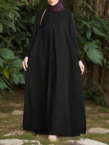 新款女士前拉链领口袋纯色宽松连衣裙，适合春秋冬季 - 黑色 - 查看 4