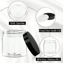2 piezas Frascos de almacenamiento de plástico de 7 cm de diámetro con tapas, contenedores para pintura/crema/mascarilla, botellas de muestra de boca ancha transparentes de PET con tapas negras