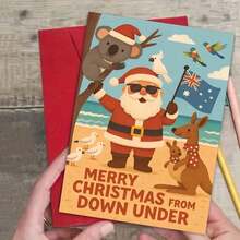 1pc Australian Christmas Card - Holiday Beach Scene With Santa, And Australian Animals - Envelope Style Holiday Greeting For Family, Friends And Colleagues - Perfect For Travel Enthusiasts And Summer Celebrations, Christmas Card | Cartoon Illustration | Paper Card, Christmas Card