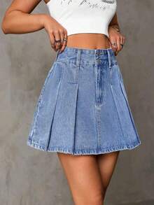 女式休闲高腰荷叶边下摆牛仔迷你裙 - 中等水洗藍 - 查看 3