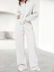 Womens Casual 2 Piece Sets Fall Outfits Quarter Zip Sweatshirts Straight Leg Pants Sweatsuits Tracksuit Valentine Vacation Spring Clothes For Women - 白色 - 查看 3